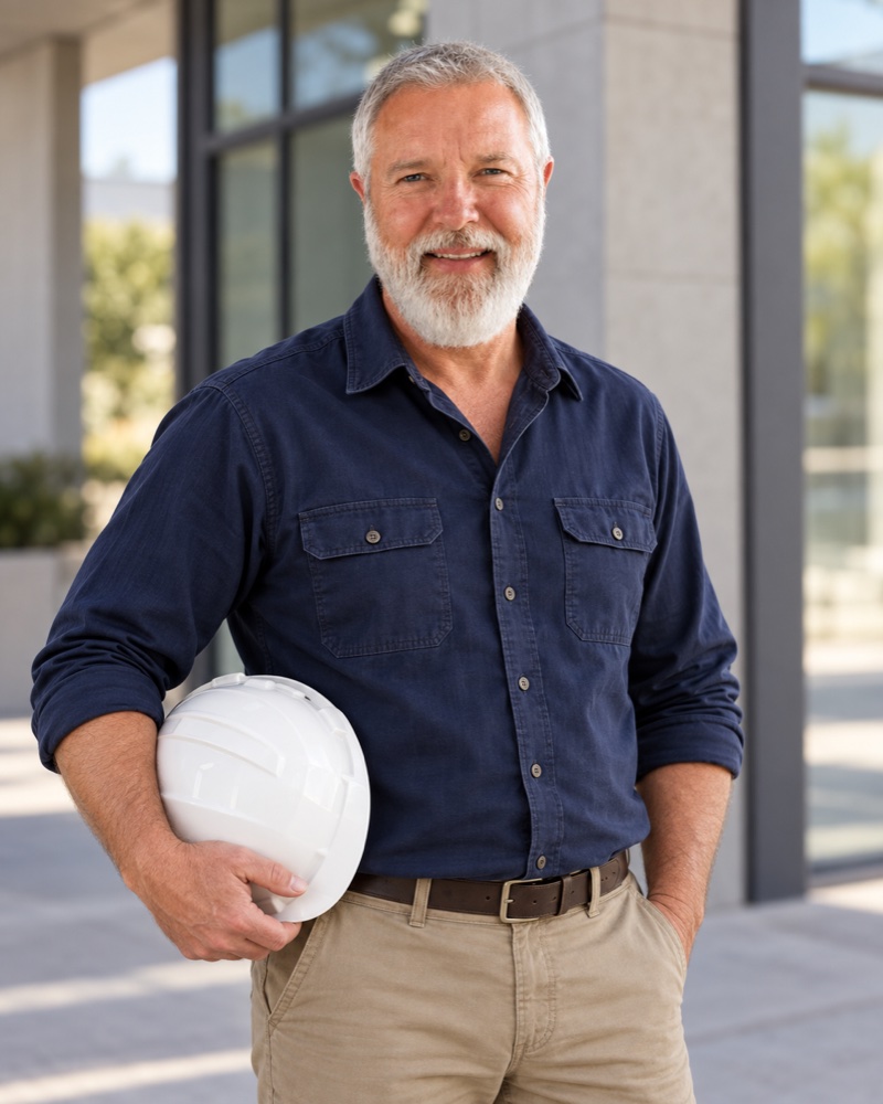 Portrait of Daniel Boers in a navy work shirt holding a white hard hat.