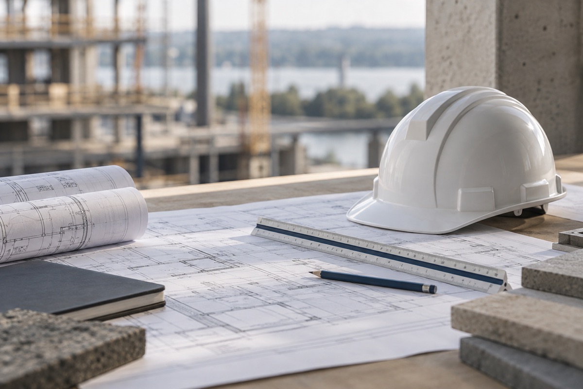 Illustrative construction drawings, a hard hat and measuring tools.