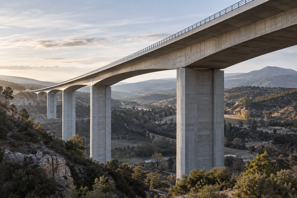 Illustrative concrete bridge spanning a valley.
