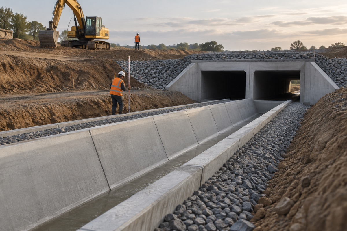 Illustrative stormwater channel and culvert installation.