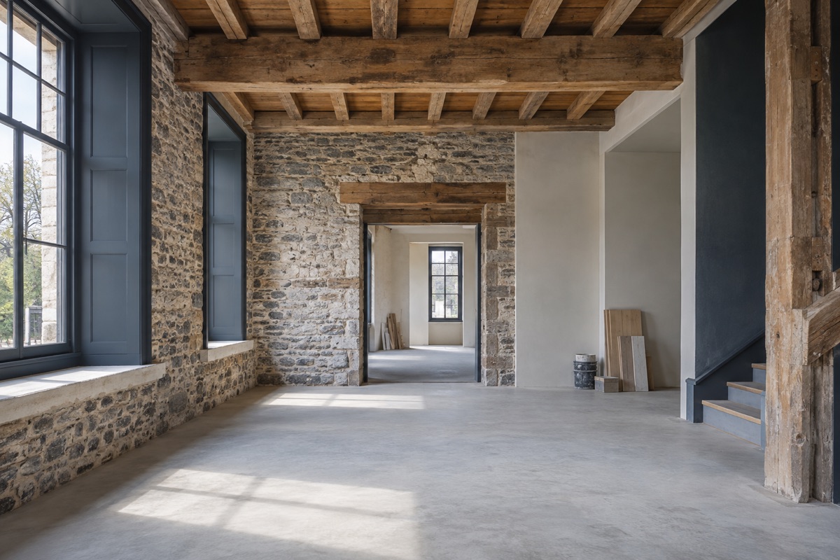 Illustrative building rehabilitation interior with existing stonework and timber.