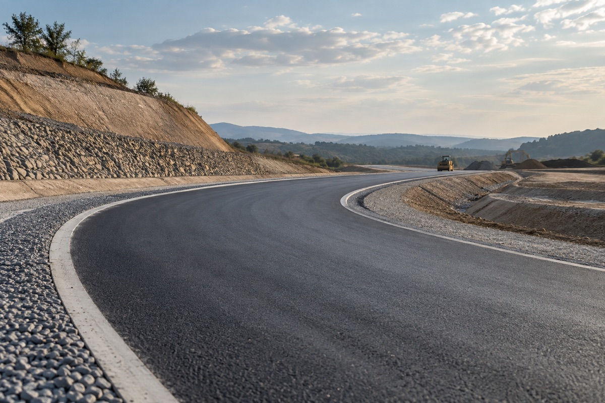 Illustrative newly laid road through a graded landscape.